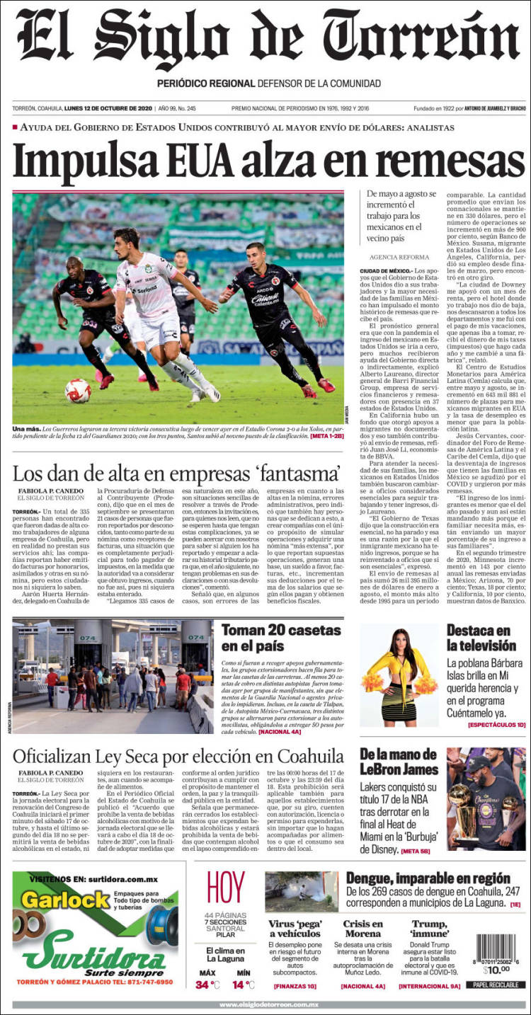 Portada de El Siglo de Torreon (M&eacute;xico)