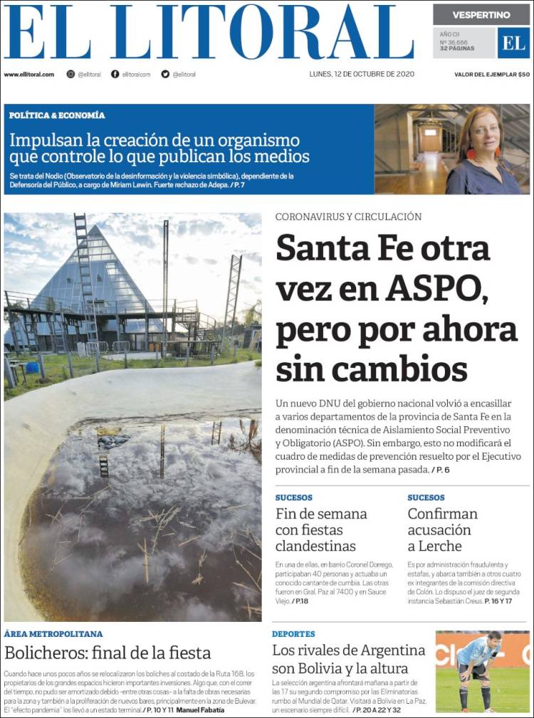 Portada de Diario El Litoral (Argentina)