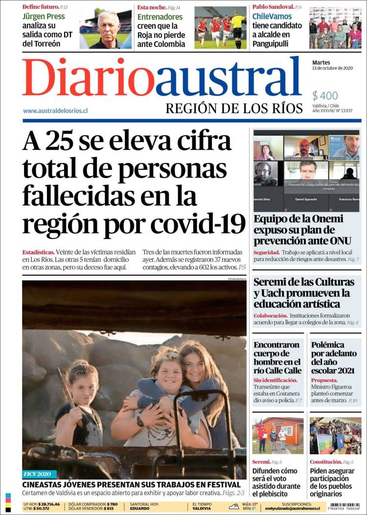 Portada de El Diario Austral de Valdivia (Chile)