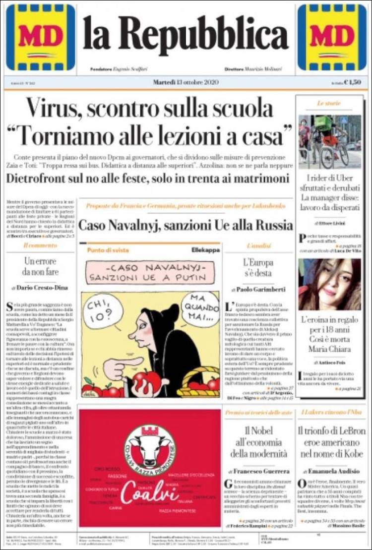 Portada de La Repubblica (Italia)