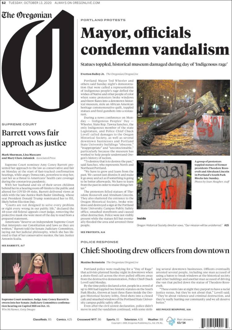 Portada de The Oregonian (USA)