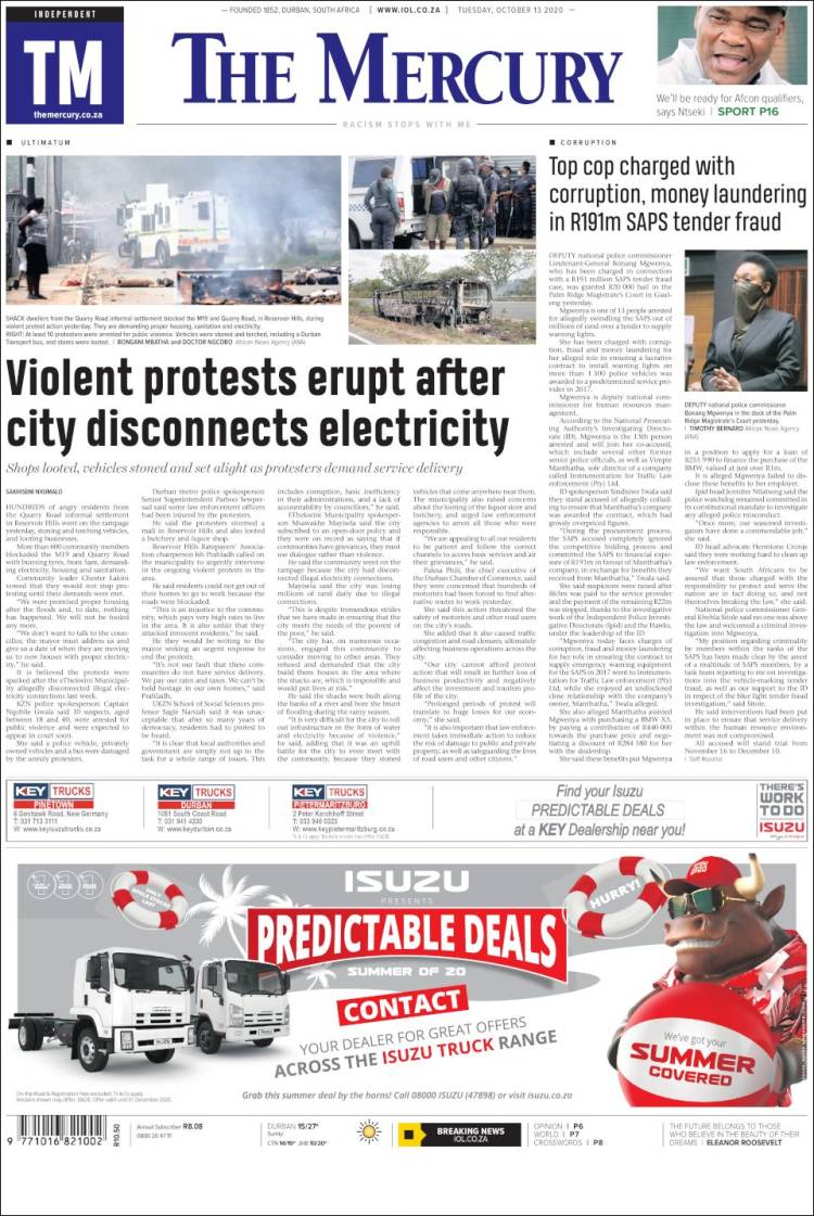 Portada de The Mercury (Sud&aacute;frica)