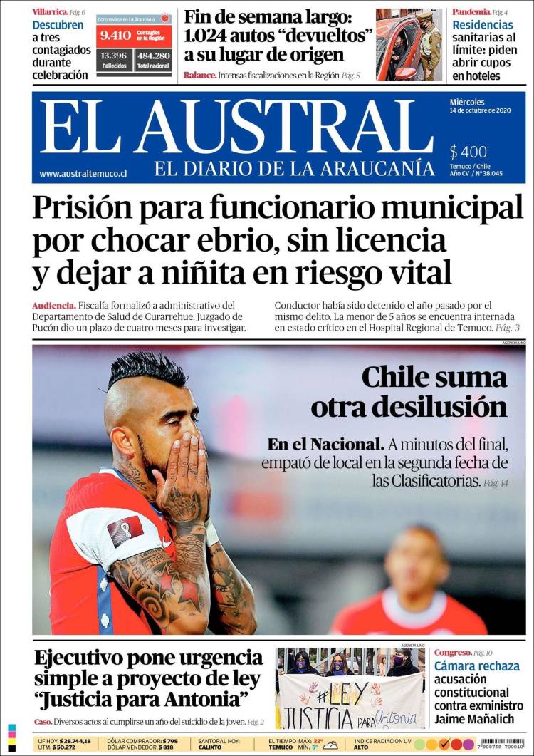 Portada de El Austral de Temuco (Chile)