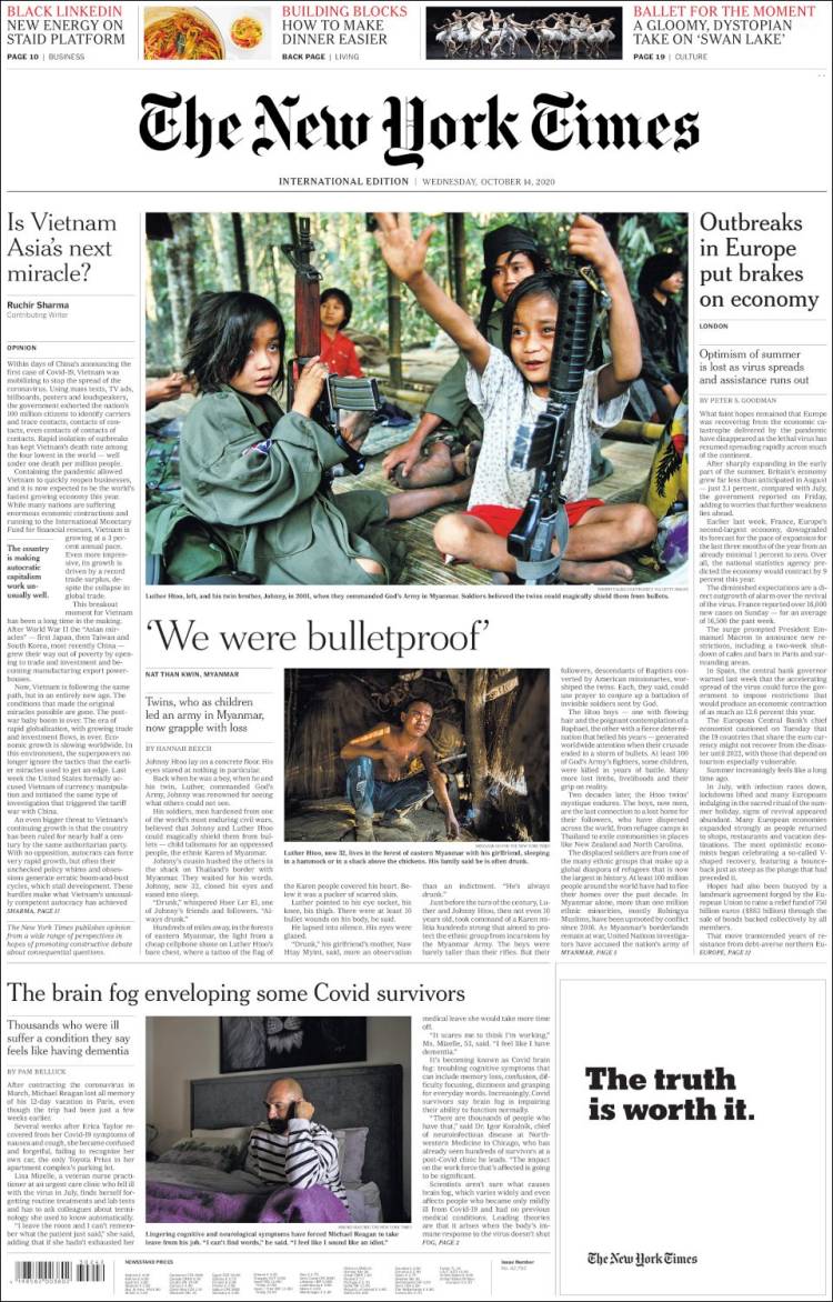 Portada de International New York Times (Europa)