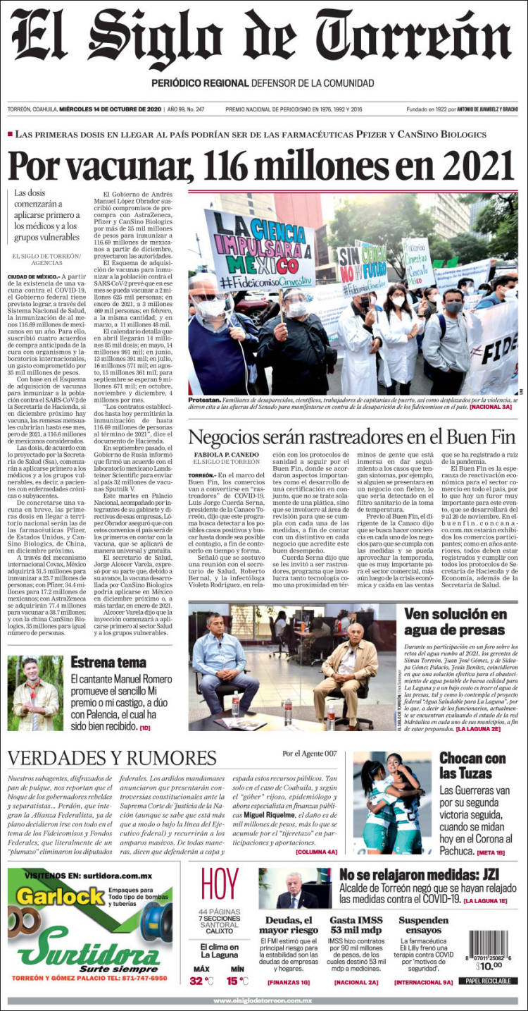 Portada de El Siglo de Torreon (México)