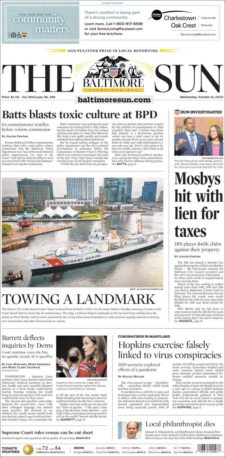 Portada de The Baltimore Sun (USA)