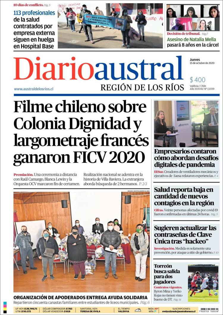 Portada de El Diario Austral de Valdivia (Chili)