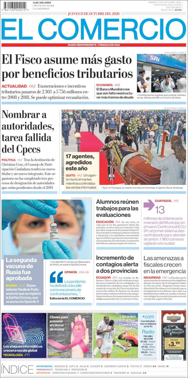 Portada de El Comercio (&Eacute;quateur)