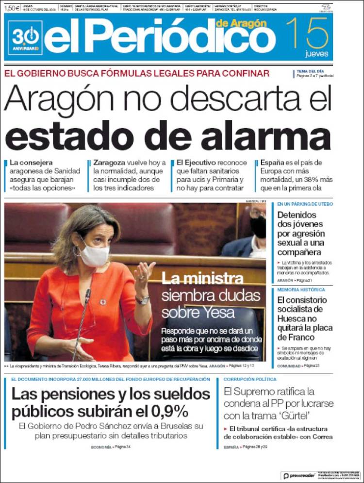 Portada de El Periódico de Aragón (Espagne)