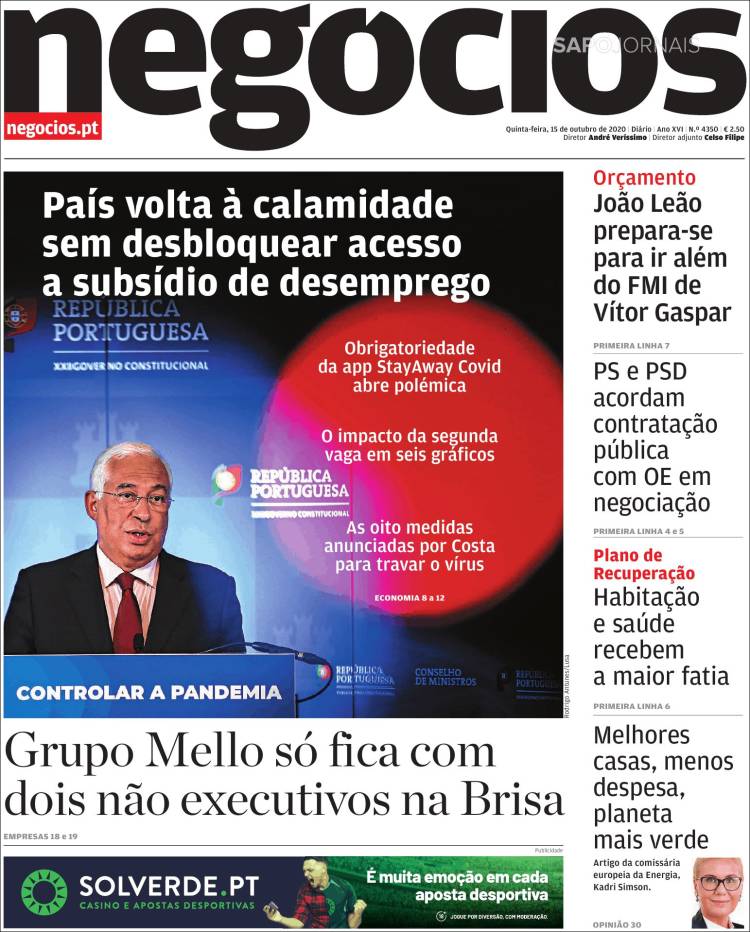 Portada de Jornal de Negócios (Portugal)