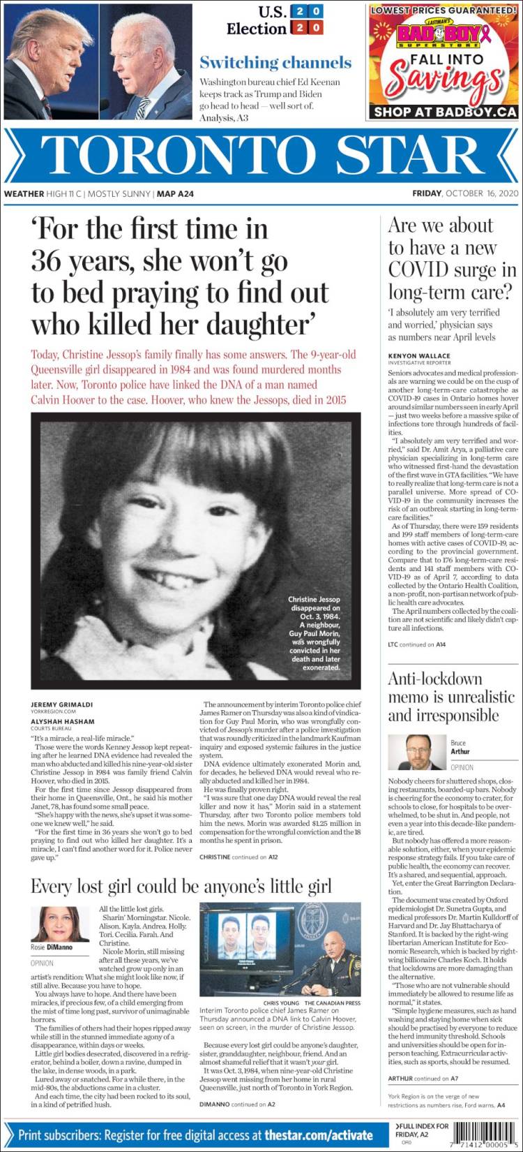 Portada de The Toronto Star (Canada)