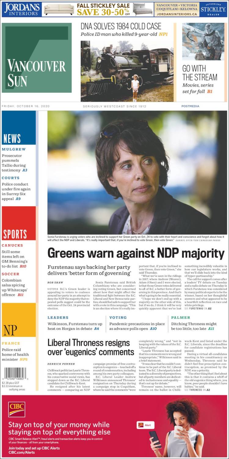 Portada de The Vancouver Sun (Canada)