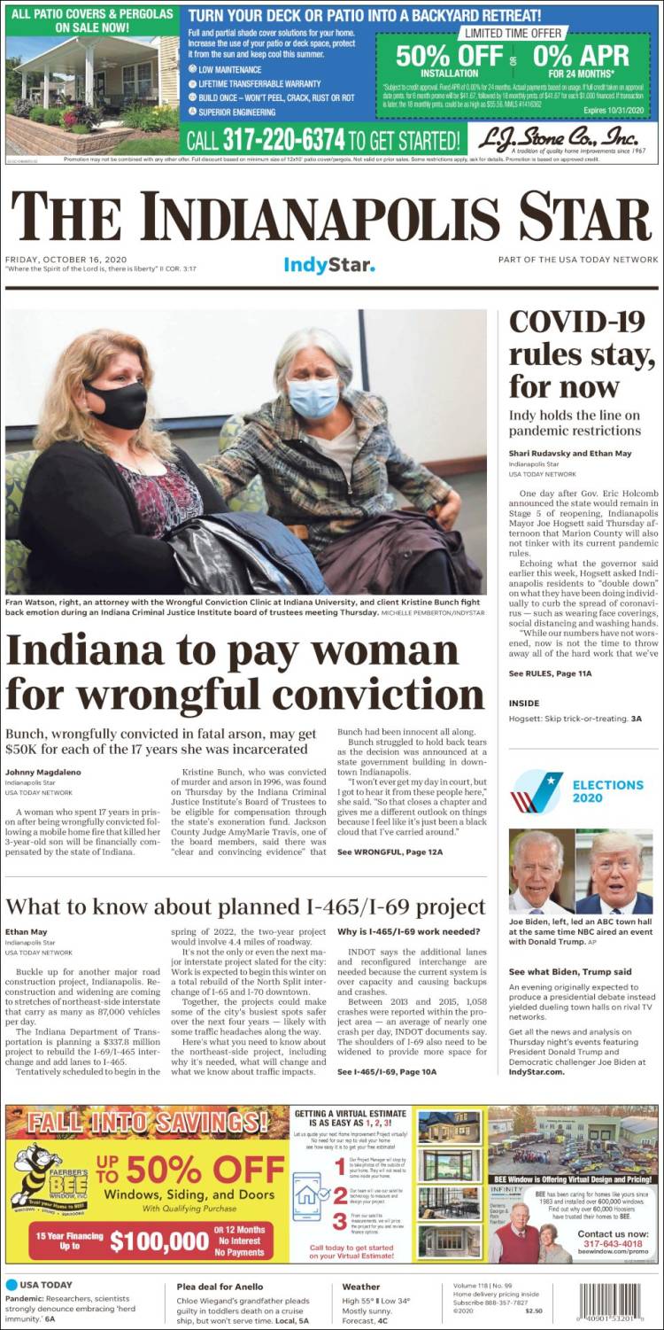 Portada de The Indianapolis Star (États-Unis)