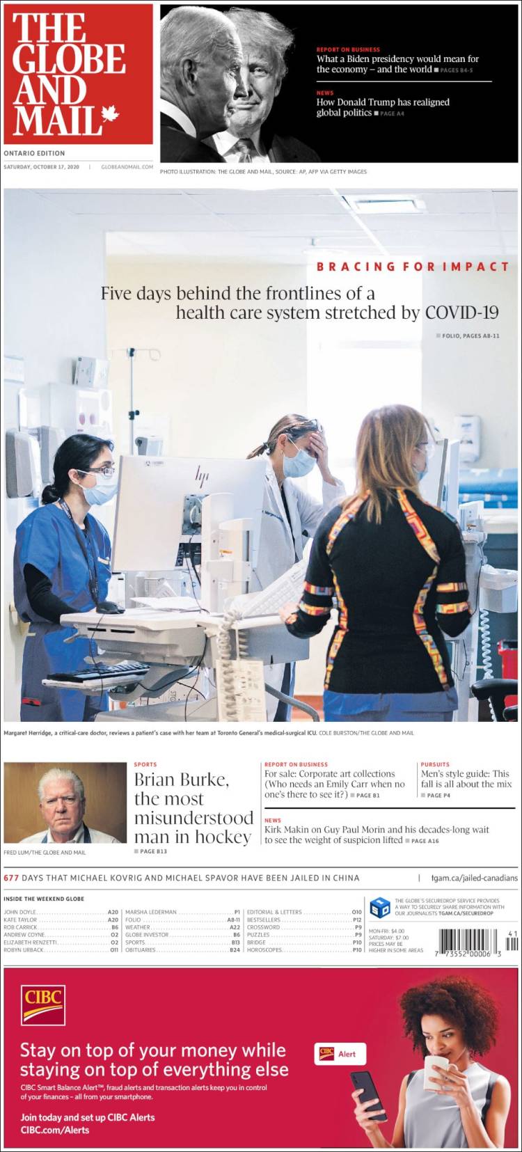 Portada de The Globe and Mail (Canadá)