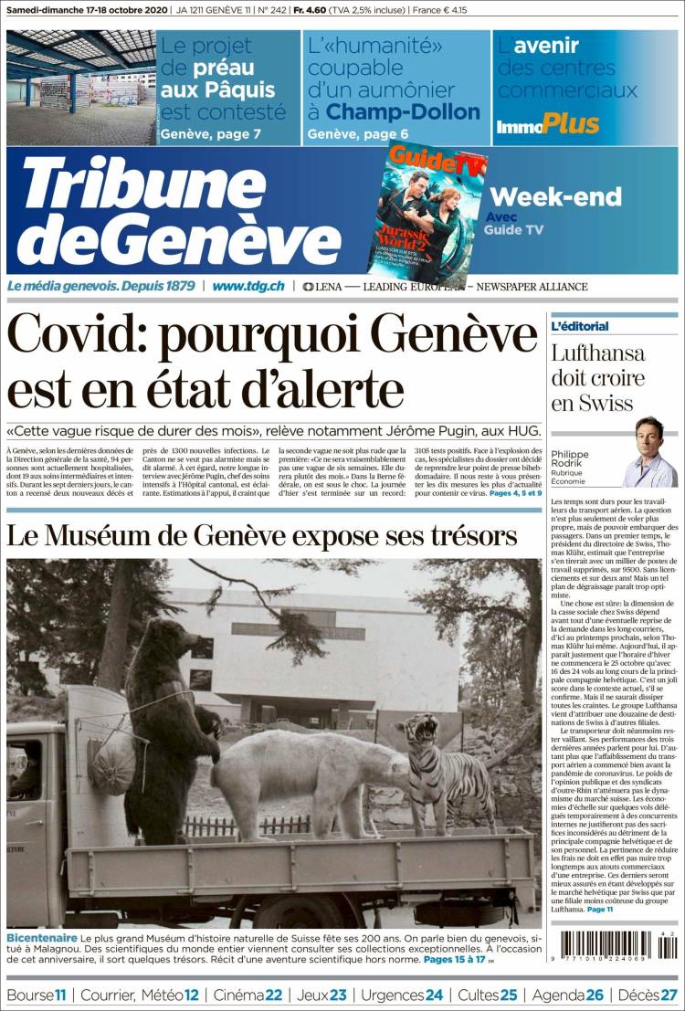 Portada de La Tribune de Genève (Suiza)