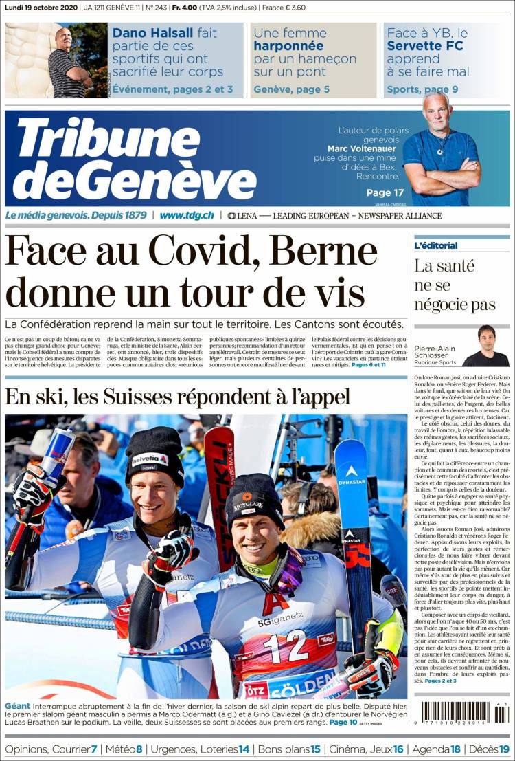 Portada de La Tribune de Genève (Suiza)