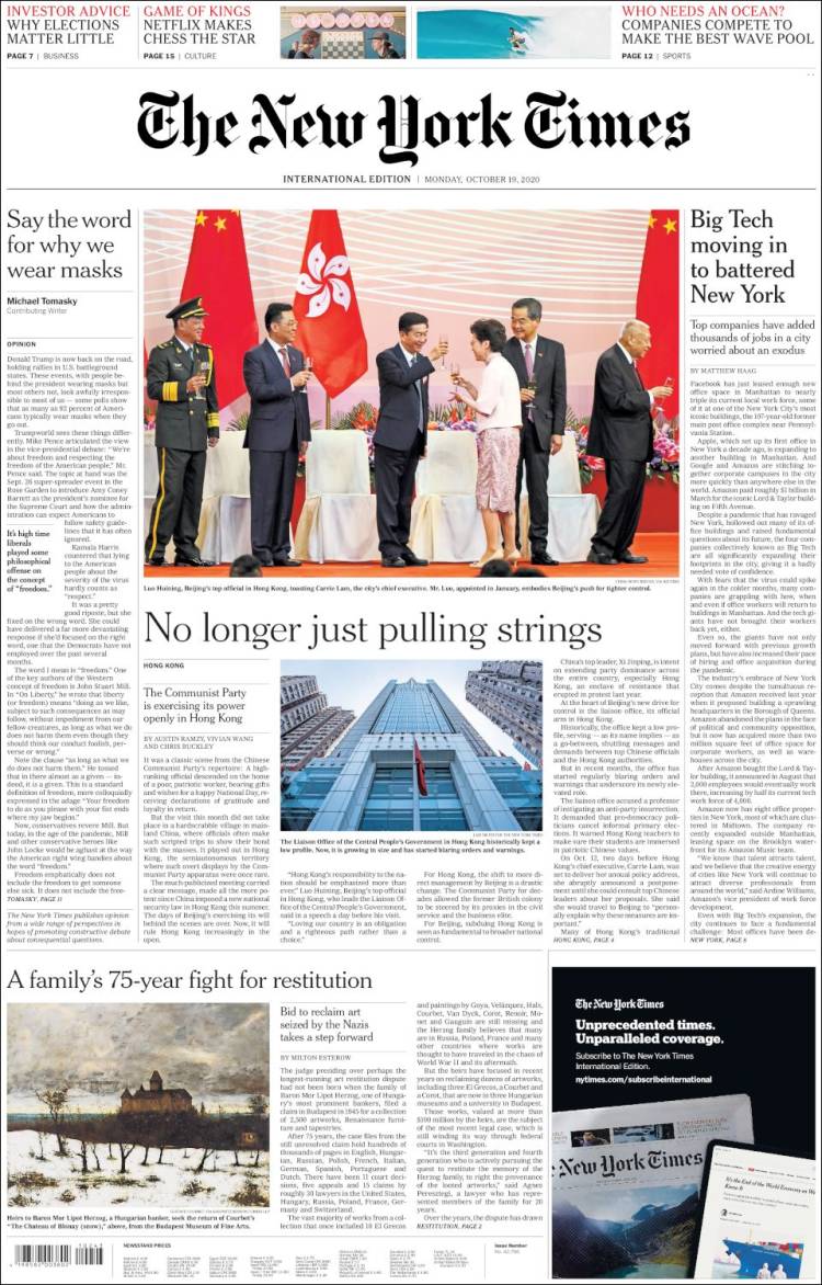 Portada de International New York Times (Europa)