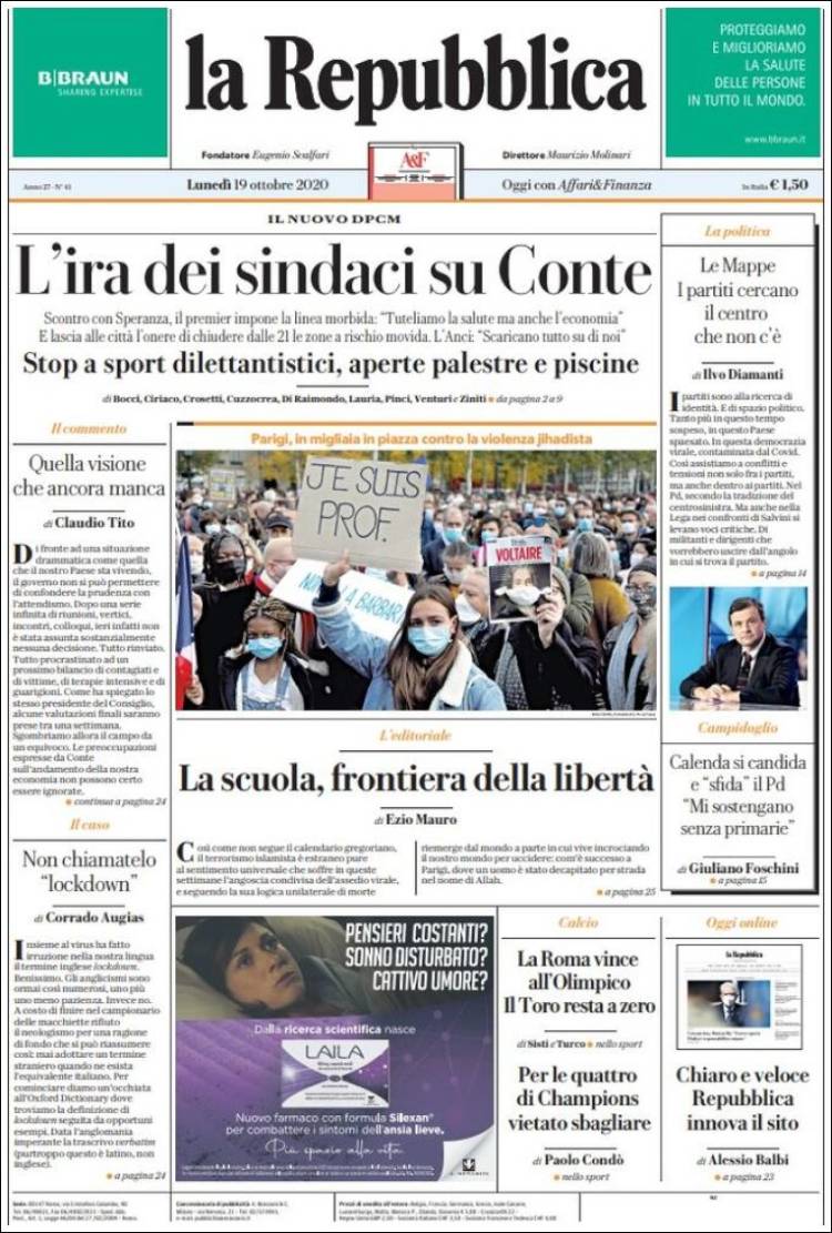 Portada de La Repubblica (Italia)