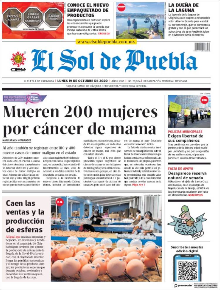Portada de El Sol de Puebla (M&eacute;xico)