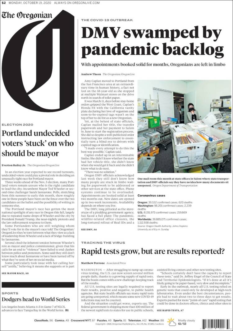 Portada de The Oregonian (USA)