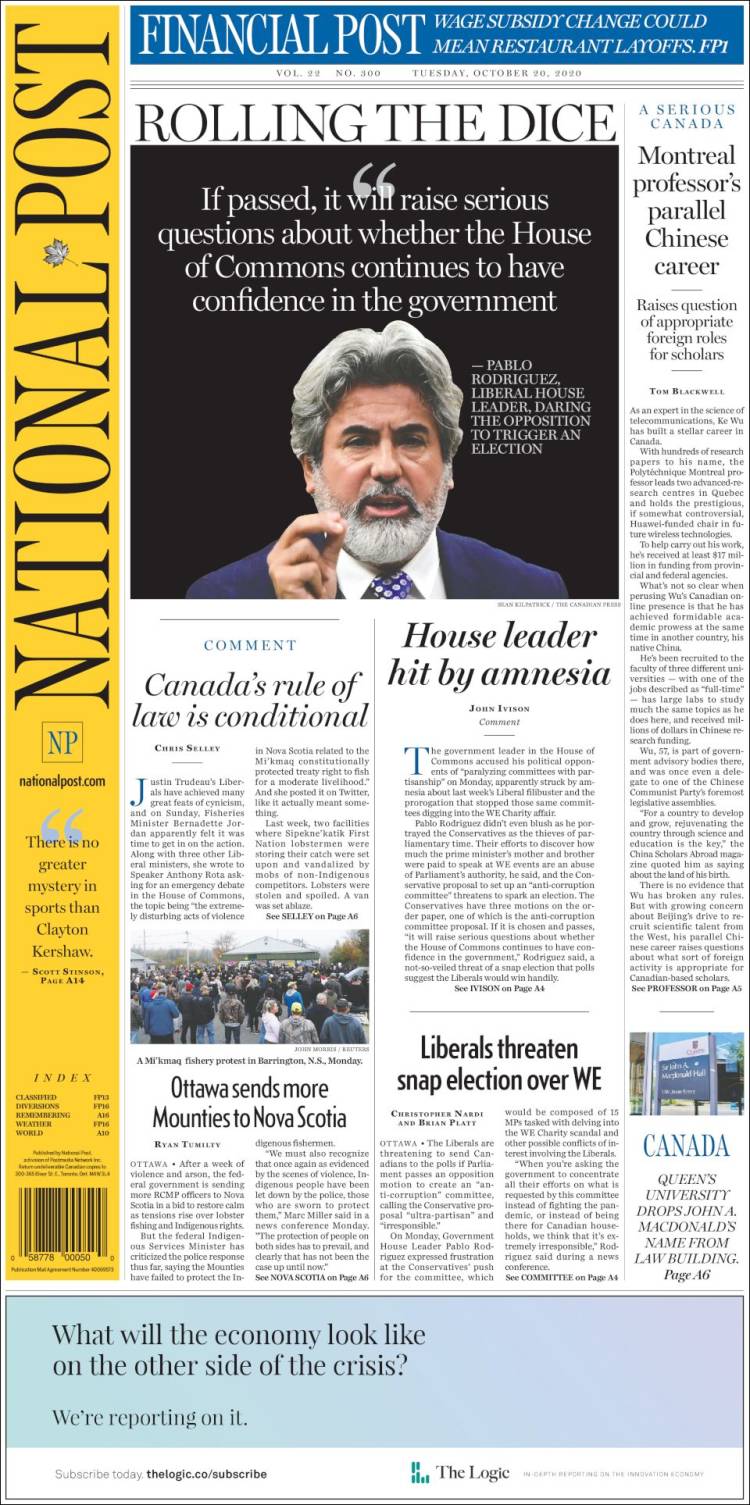 Portada de The National Post (Canada)