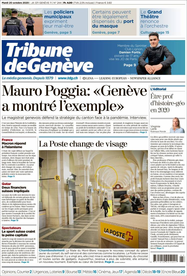 Portada de La Tribune de Genève (Suiza)