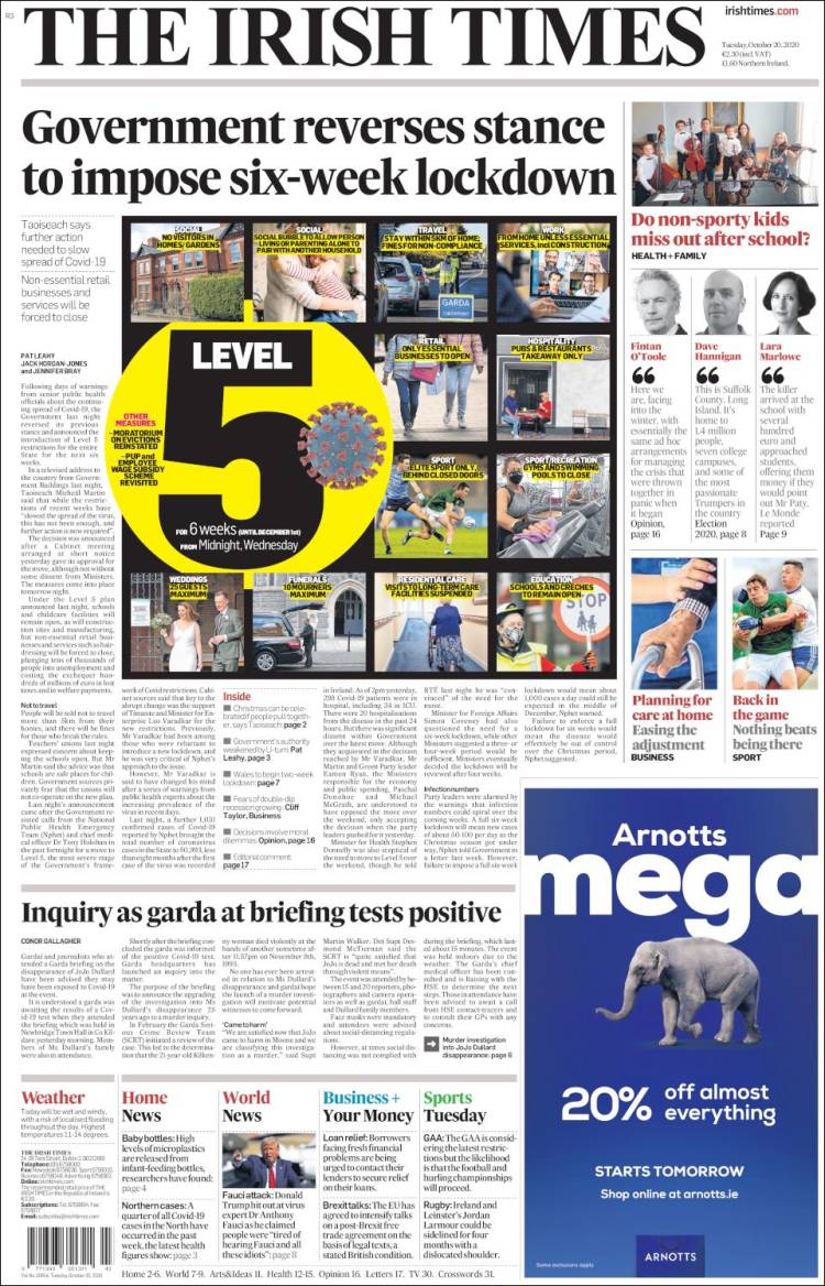 Portada de Irish Times (Irlanda)