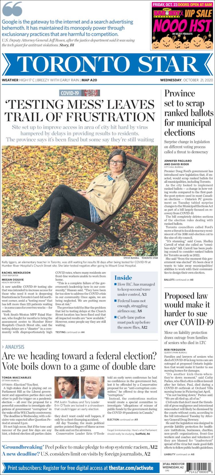 Portada de The Toronto Star (Canadá)