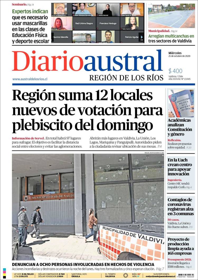 Portada de El Diario Austral de Valdivia (Chile)