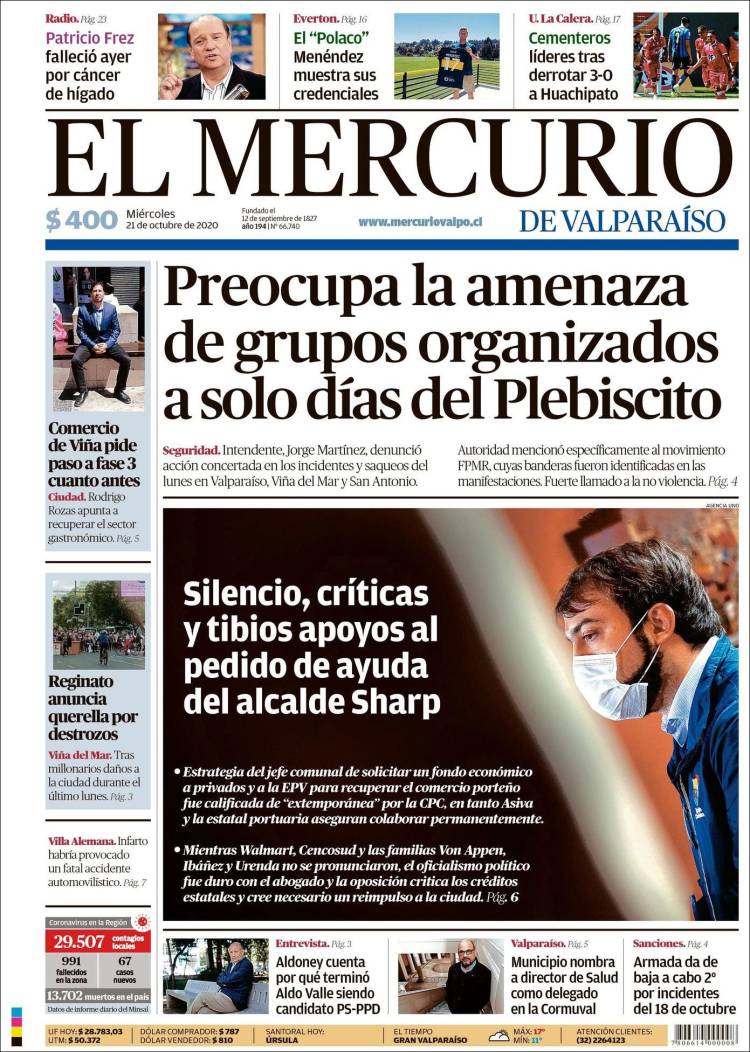 Portada de Mercurio de Valparaiso (Chile)