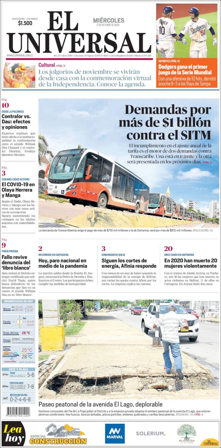 Portada de El Universal (Colombia)