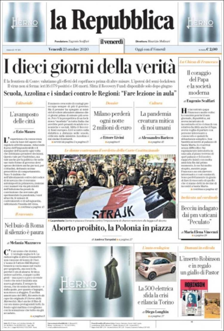Portada de La Repubblica (Italia)