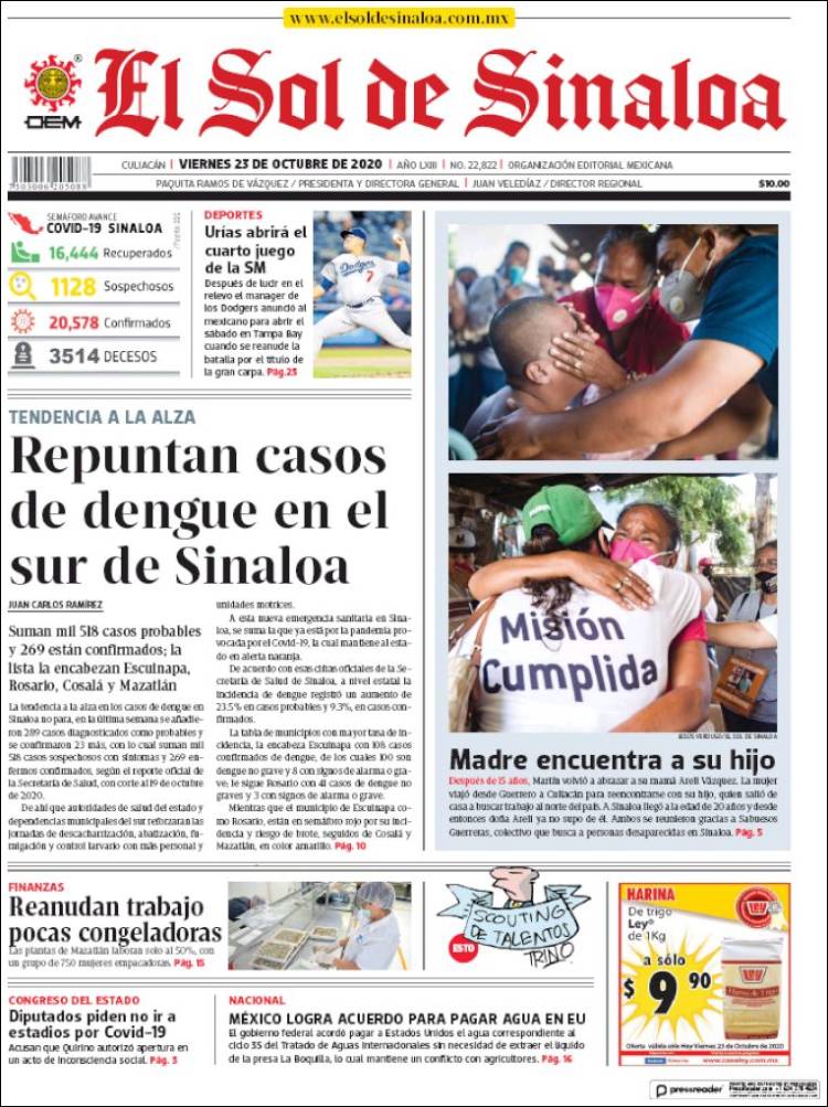 Portada de El Sol de Sinaloa (M&eacute;xico)