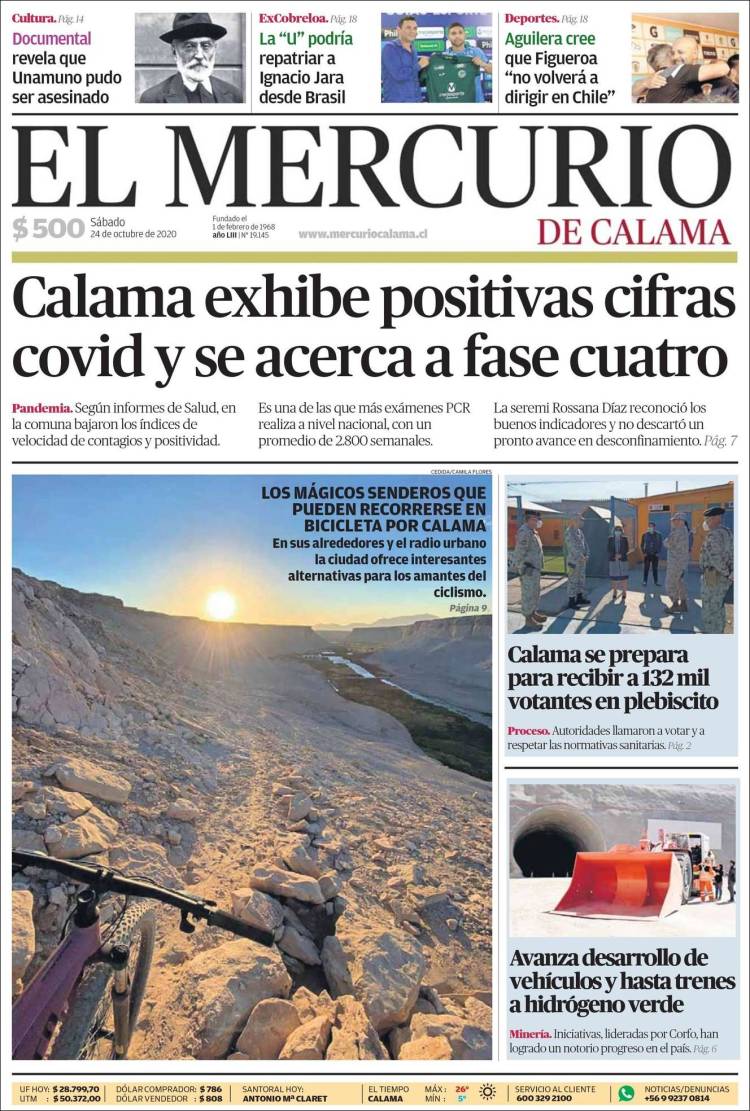 Portada de El Mercurio - Calama (Chile)