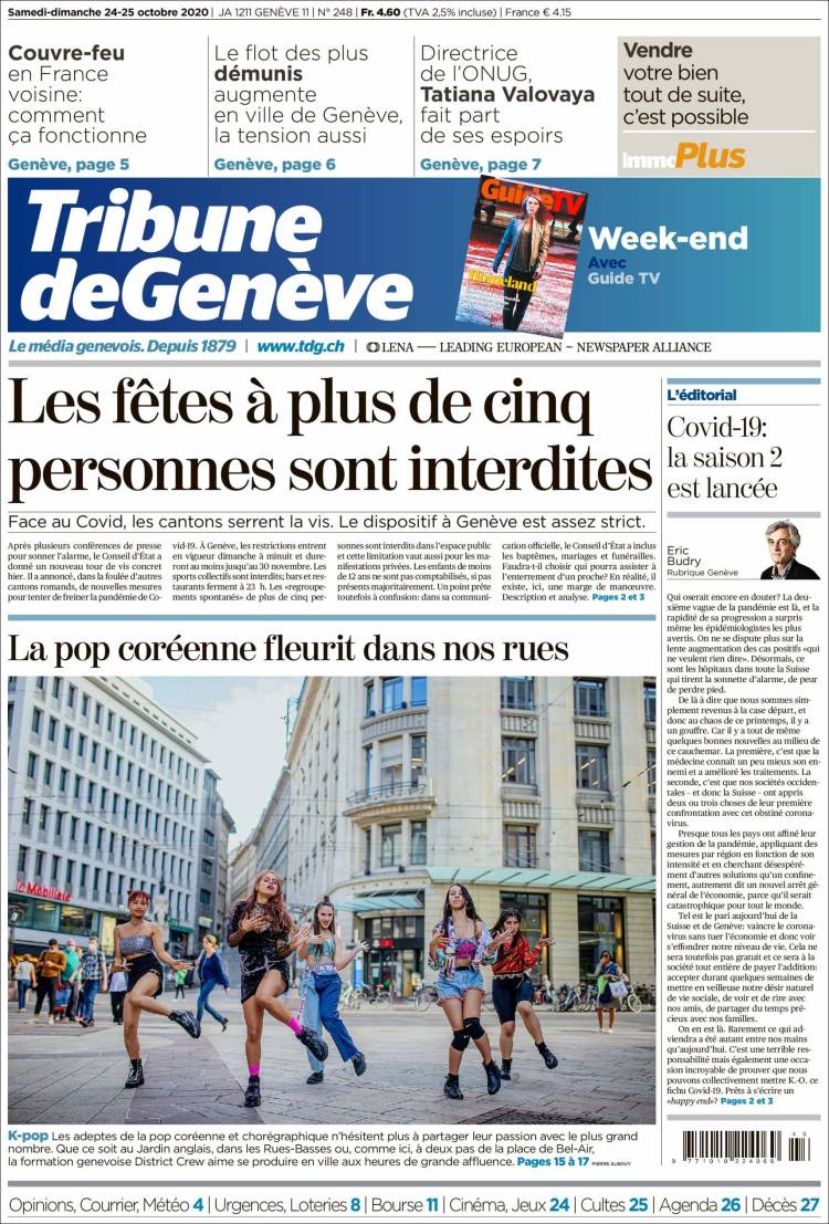 Portada de La Tribune de Genève (Suiza)