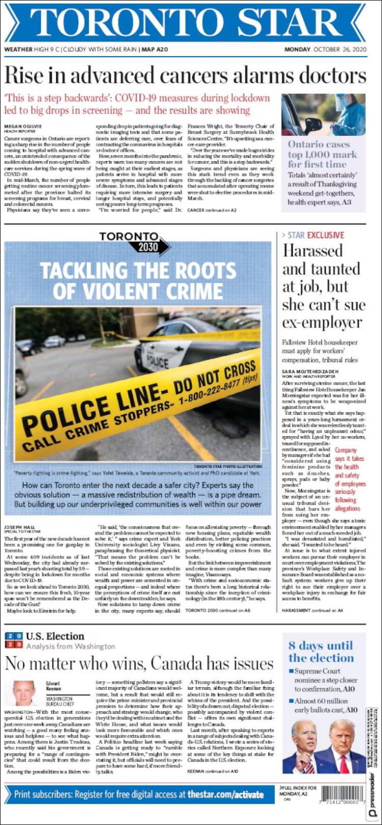 Portada de The Toronto Star (Canada)