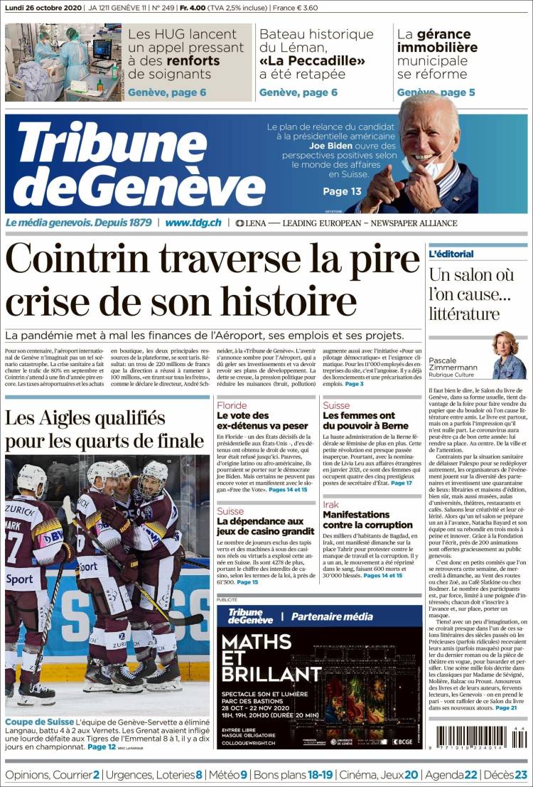 Portada de La Tribune de Genève (Suiza)