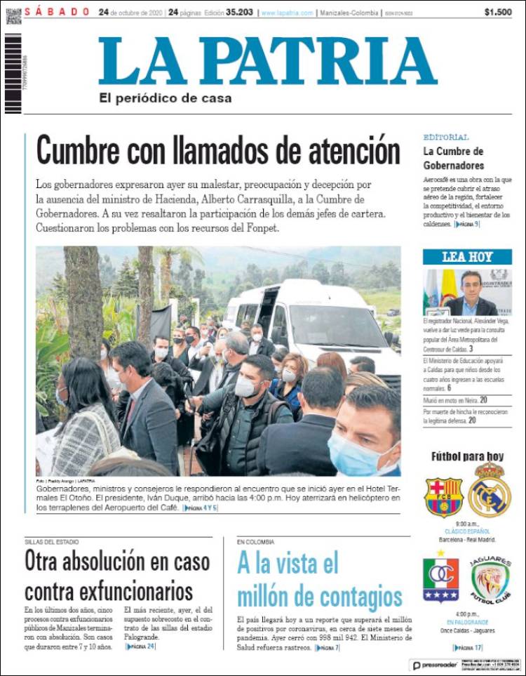 Portada de La Patria (Colombia)