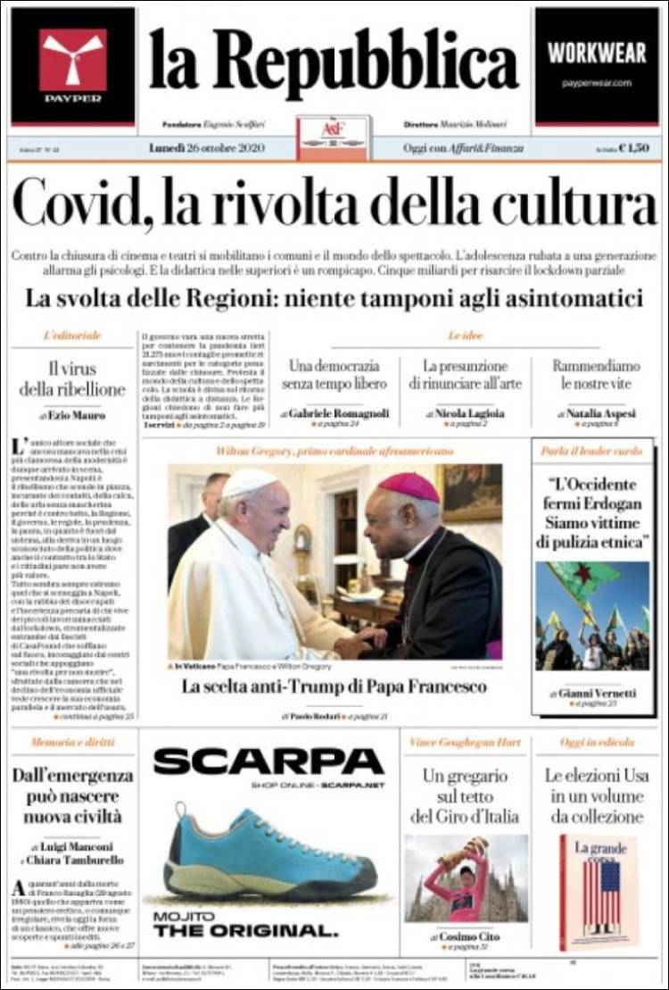 Portada de La Repubblica (Italia)