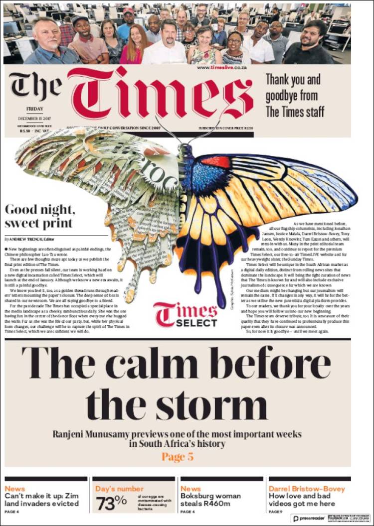 Portada de The Times (Sud&aacute;frica)