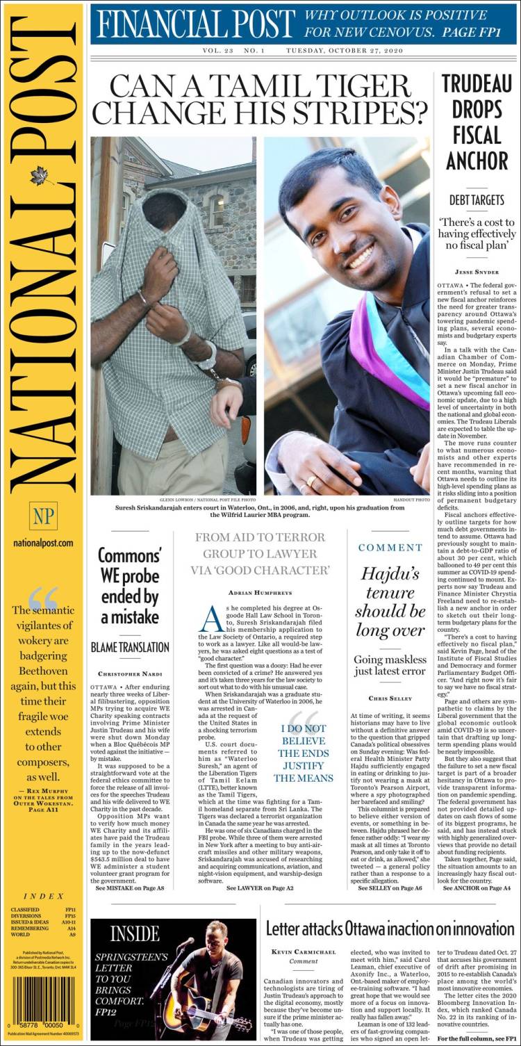 Portada de The National Post (Canada)