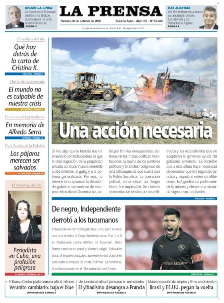 Portada de La Prensa (Argentina)