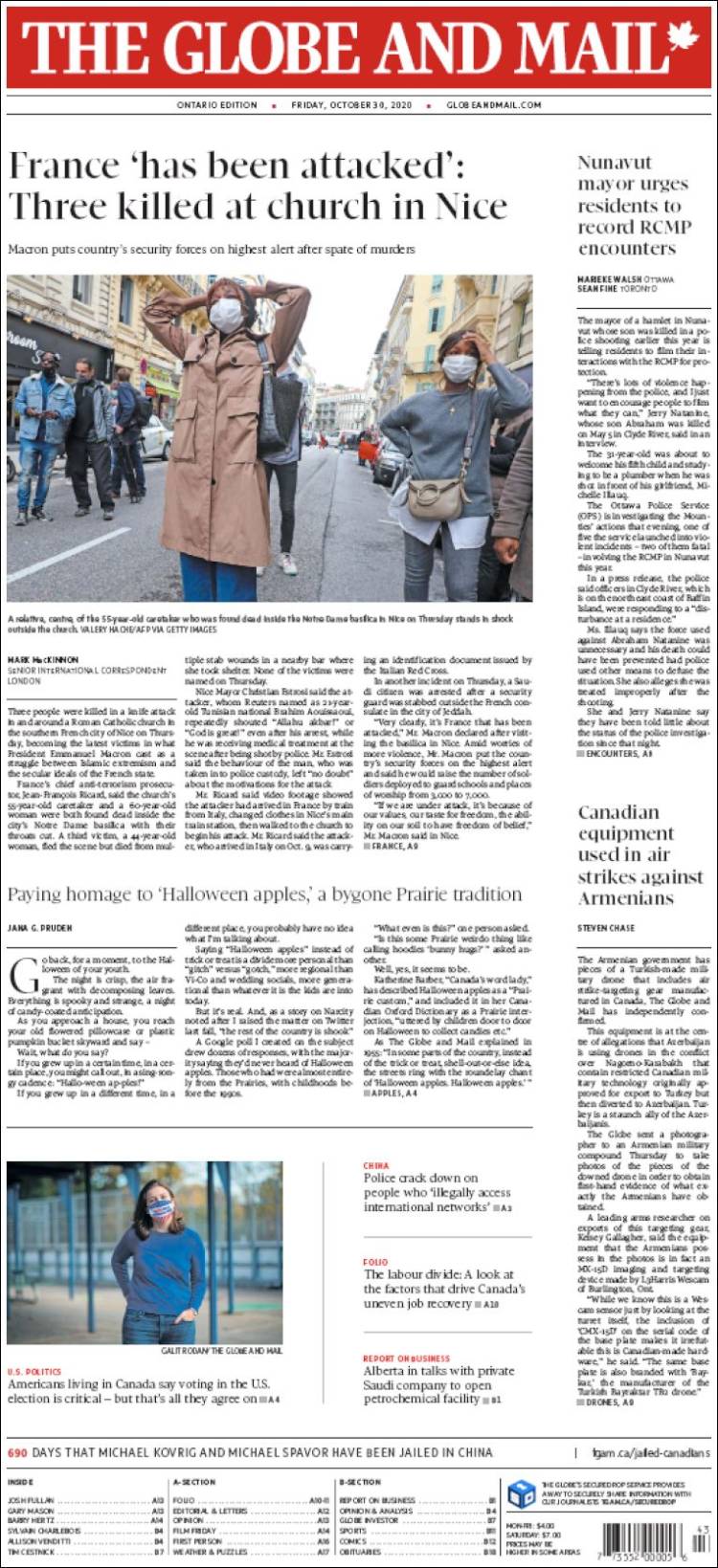 Portada de The Globe and Mail (Canadá)