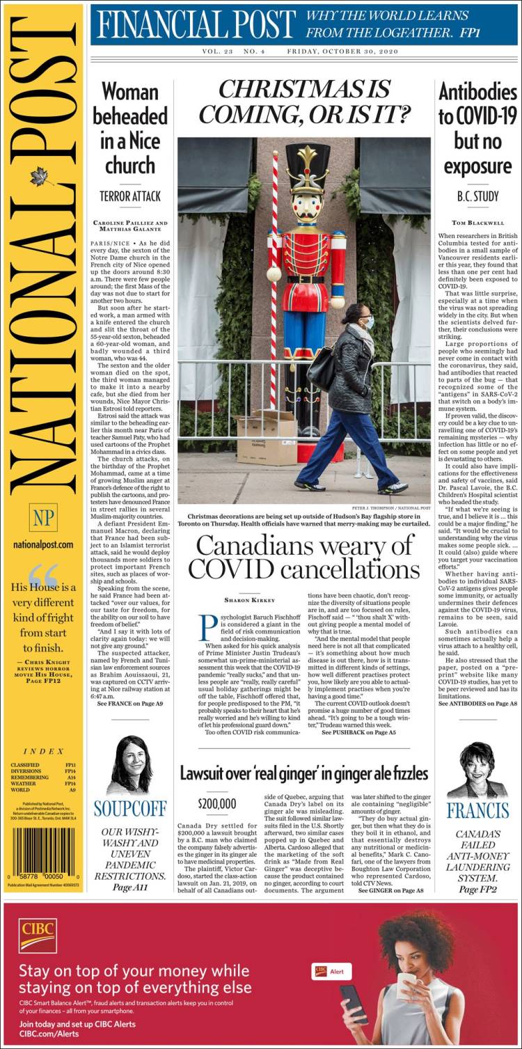 Portada de The National Post (Canadá)