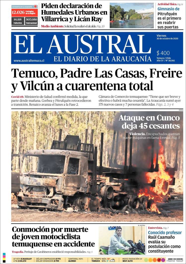 Portada de El Austral de Temuco (Chile)