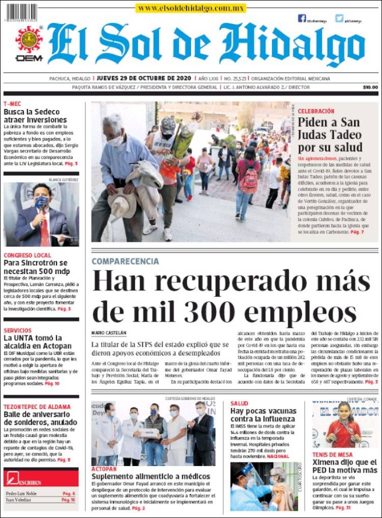 Portada de El Sol de Hidalgo (M&eacute;xico)