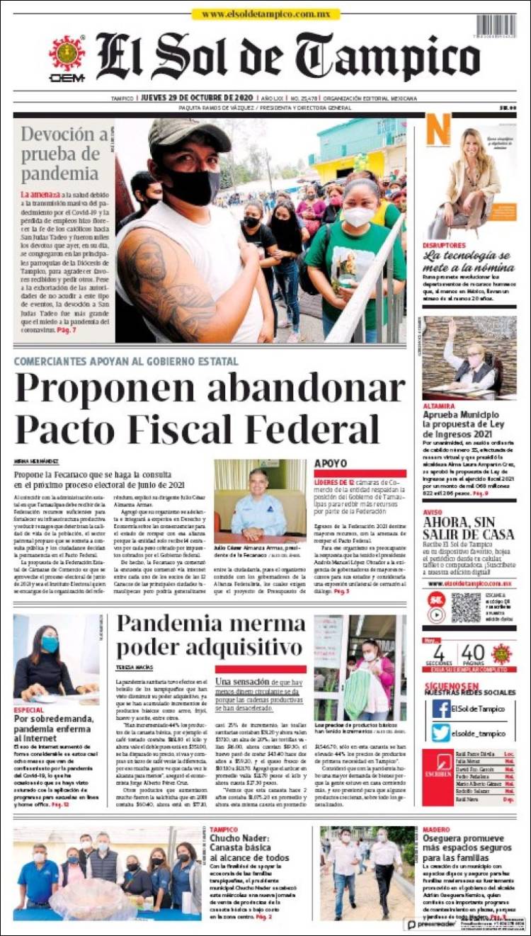 Portada de El Sol de Tampico (M&eacute;xico)