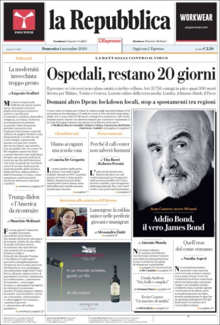 Portada de La Repubblica (Italia)
