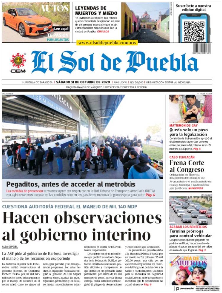Portada de El Sol de Puebla (M&eacute;xico)