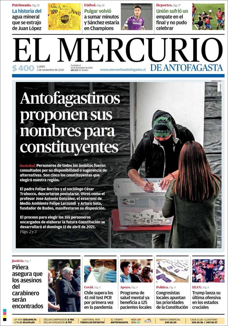 Portada de El Mercurio de Antofagasta (Chile)